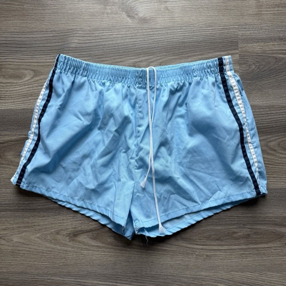 VTG 70s Sears Size M 31-32 Blue Gym Running Shorts USA Black Trim Track 30 Lined